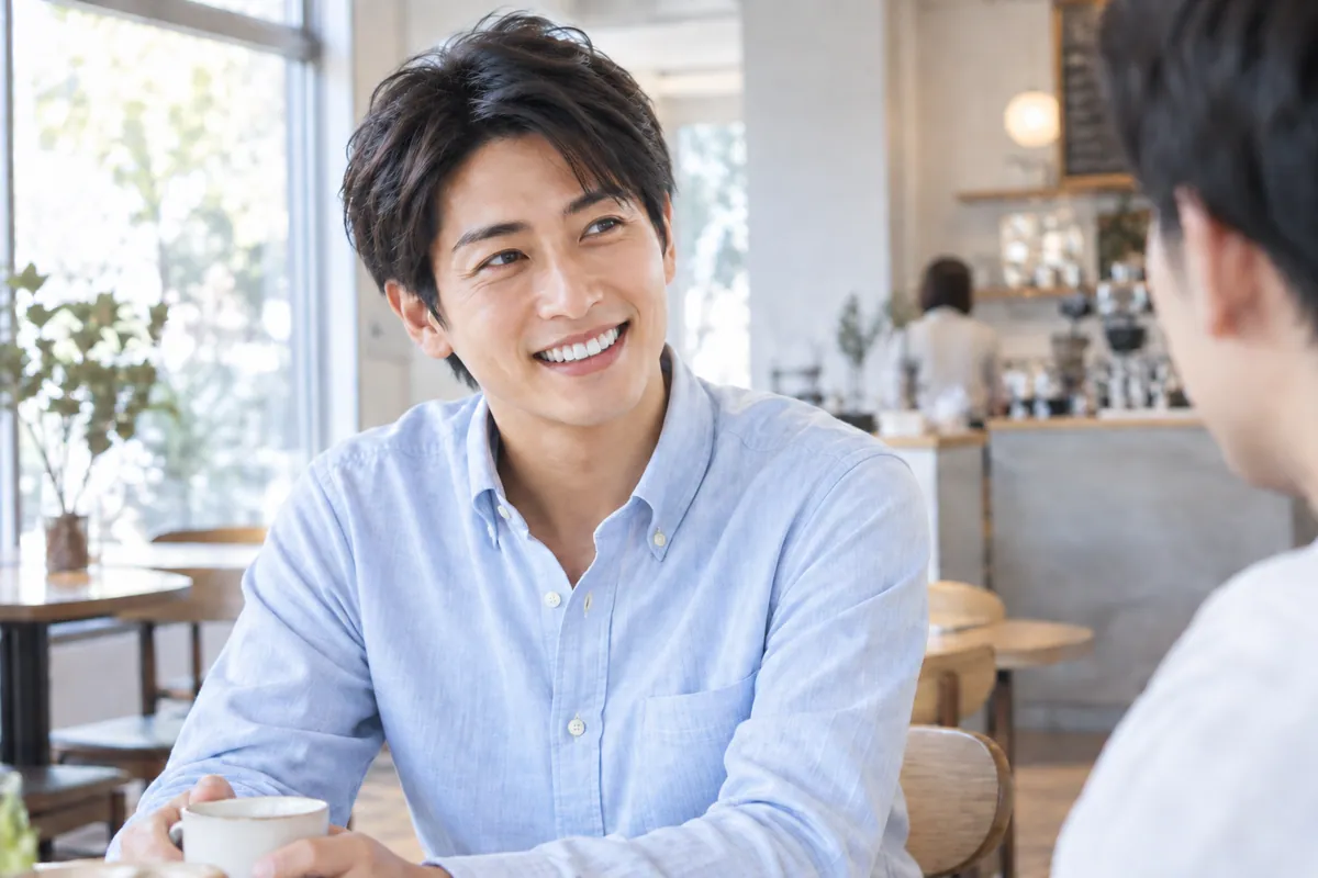 日常の会話を自然な笑顔で楽しむ男性のイメージ