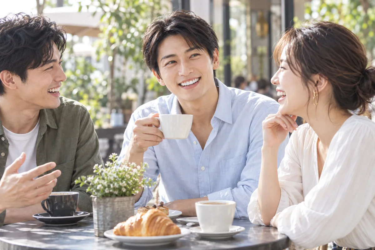 友人たちと会話を楽しみ、自然に笑い合う男性